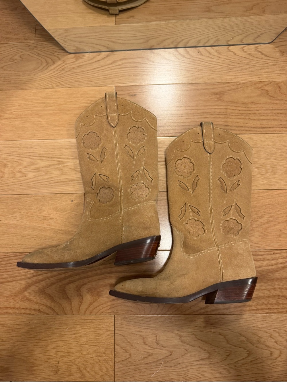 Coach Tan Suede Western Floral Embroidered Boots